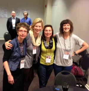 Teaching artist Anne Rutherford, Programs Director Allison Tigard, Community Outreach Manager Marie Schumacher, and Lewis Elementary teacher Abby Rotwein with David Dik (YA National ED) and Eric Booth in the background.