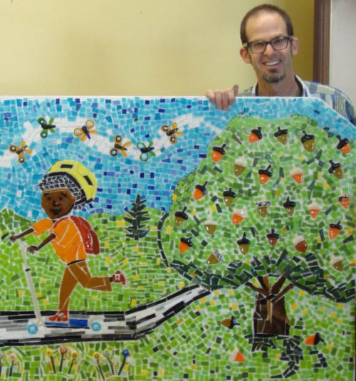 Artist Mark Brody and detail of a mural created at Hollyrood Elementary. Bonny Slope Elementary plans to create a landmark mural using grant funds from Far West Fibers.